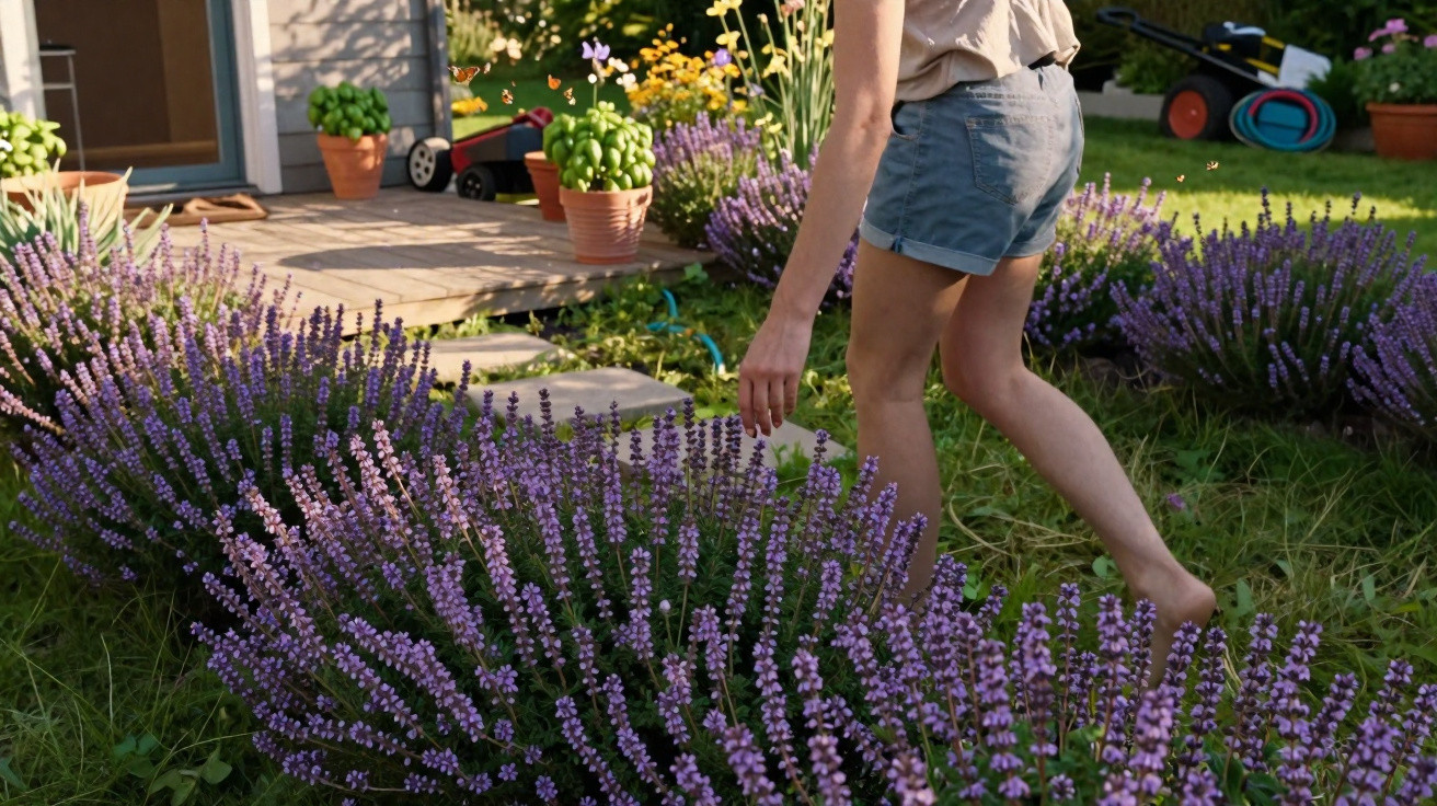Person in shorts walking barefoot near blooming lavender bushes in a sunny garden with potted plants and lawnmower visible.
