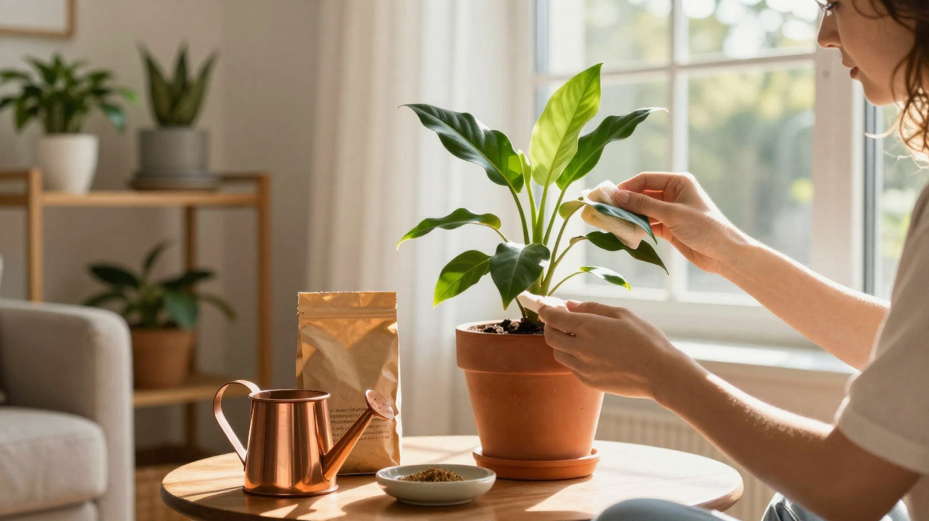 Person cleaning leaves of a potted plant on a table with a copper watering can and plant care supplies nearby.