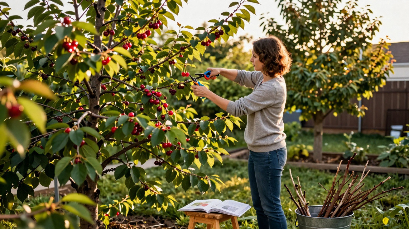Woman harvesting ripe cherries from a tree in a sunny garden with a book and pruning tools nearby.