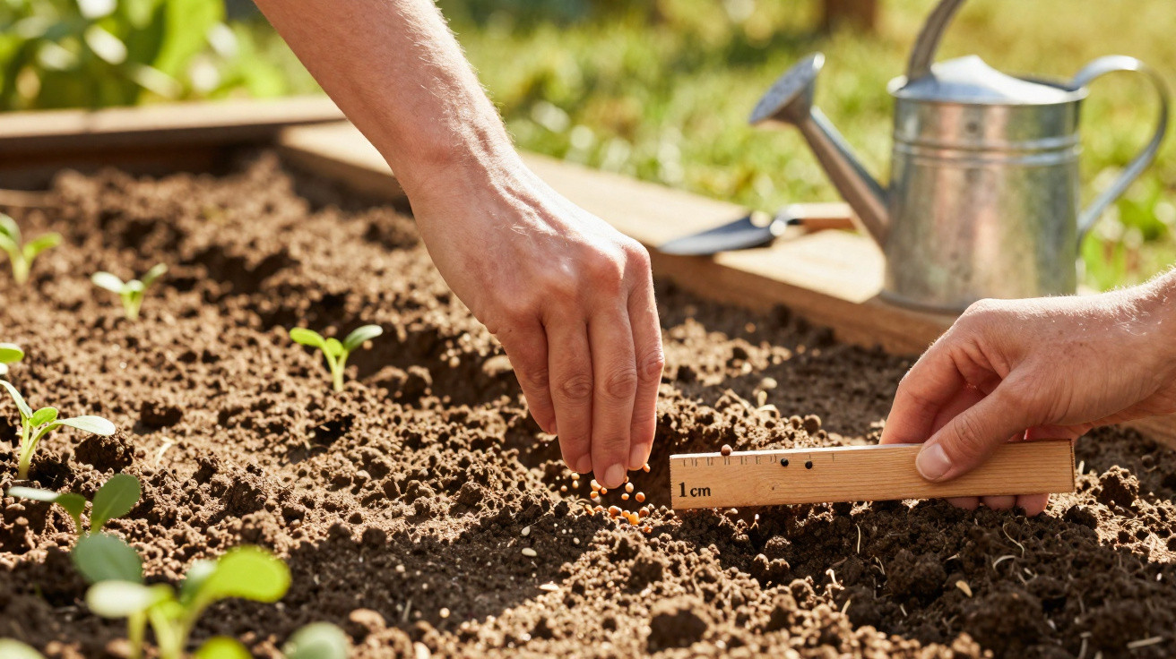 Hands planting seeds in soil with a ruler for spacing and a watering can in the background.