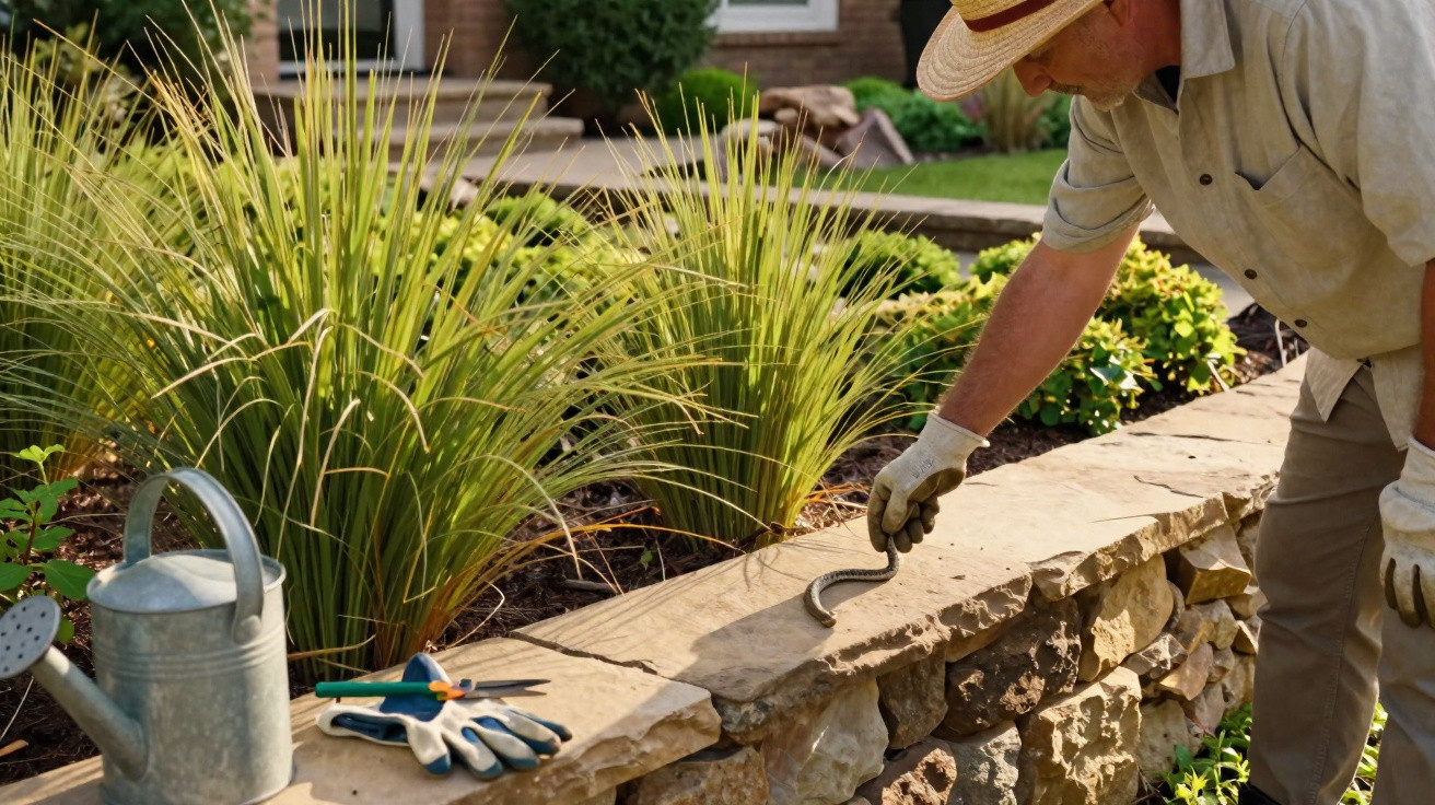 Person in gardening gloves and hat removing small snake from stone garden wall near plants and gardening tools.