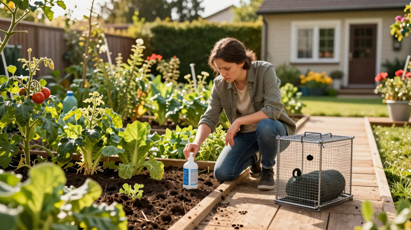 Woman applying spray to plants in a garden with a humane animal trap nearby on a wooden pathway