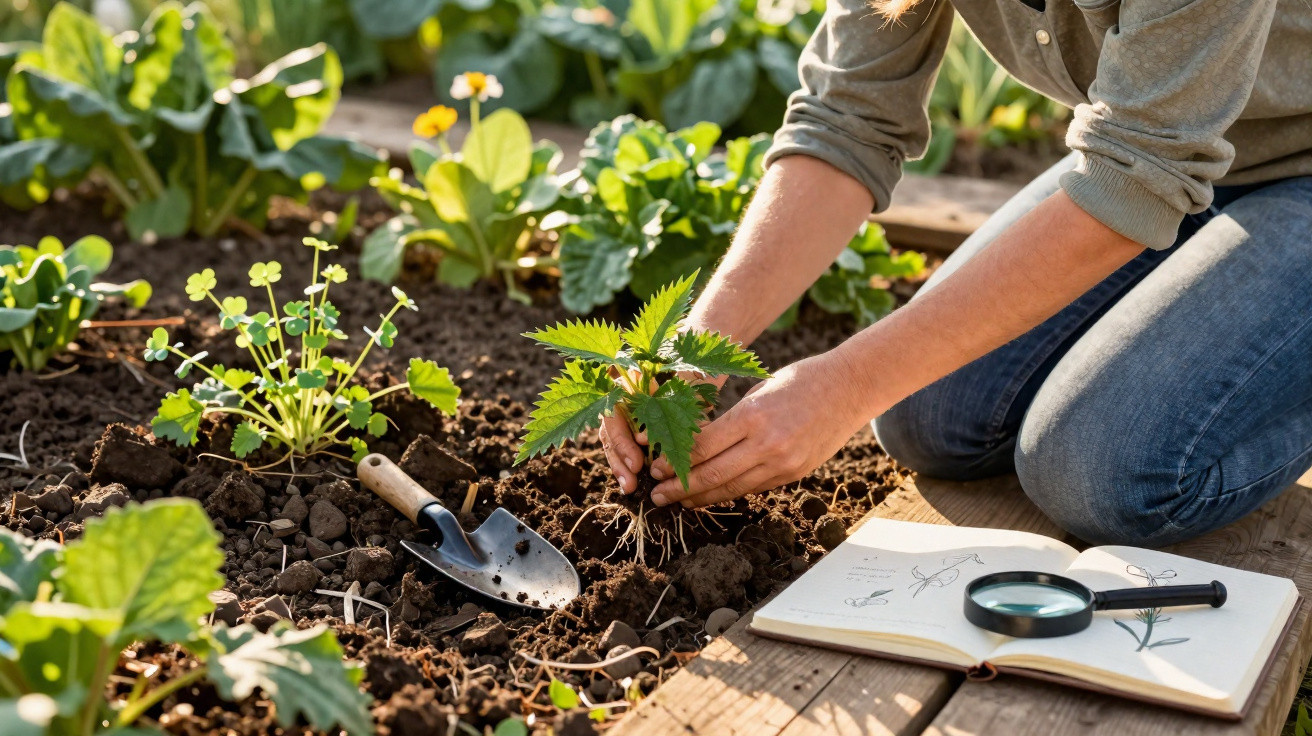 Person planting a young nettle plant in soil with gardening tools and a botanical guidebook nearby.