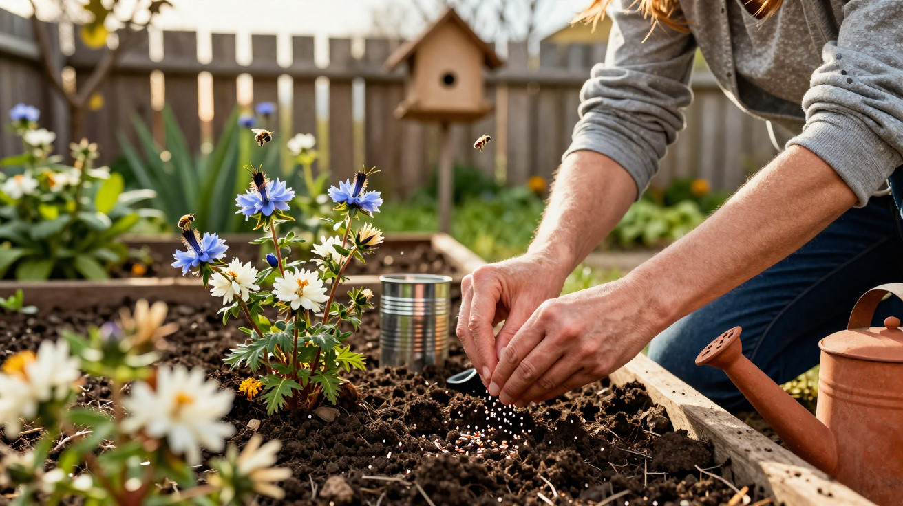 Person planting seeds in soil near blue and white flowers in a garden with a wooden fence background.