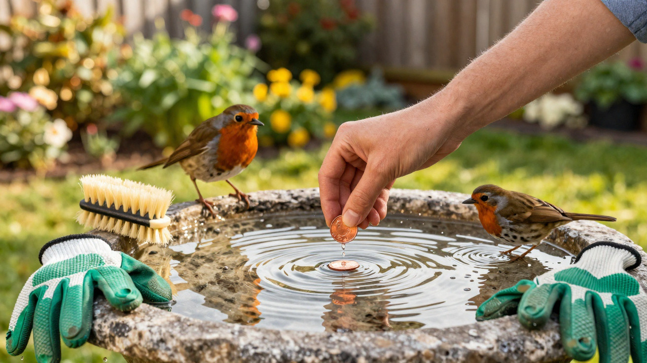 Hand placing a coin in a birdbath with two robins perched nearby and gardening gloves on the edges.