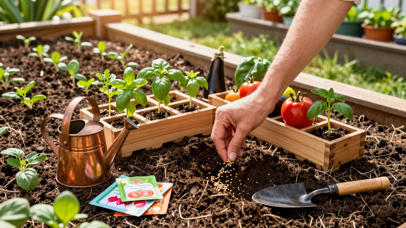 Hand planting seeds in soil with seedlings, watering can, seed packets, trowel, and tomatoes nearby in garden bed.
