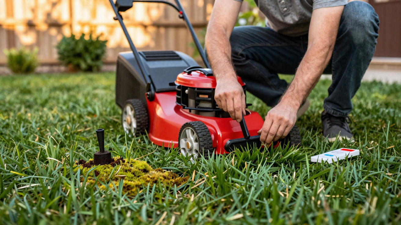 Person kneeling on lawn adjusting a red lawnmower with grass and gardening tools nearby in a backyard.