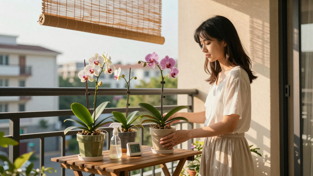 Woman tending to orchids on a balcony table with sunlight and buildings in the background.