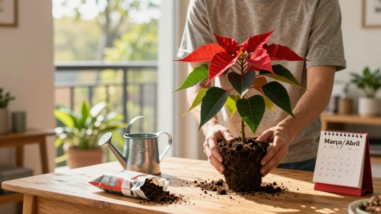 Person repotting a poinsettia plant on a wooden table with watering can and calendar showing March/April.