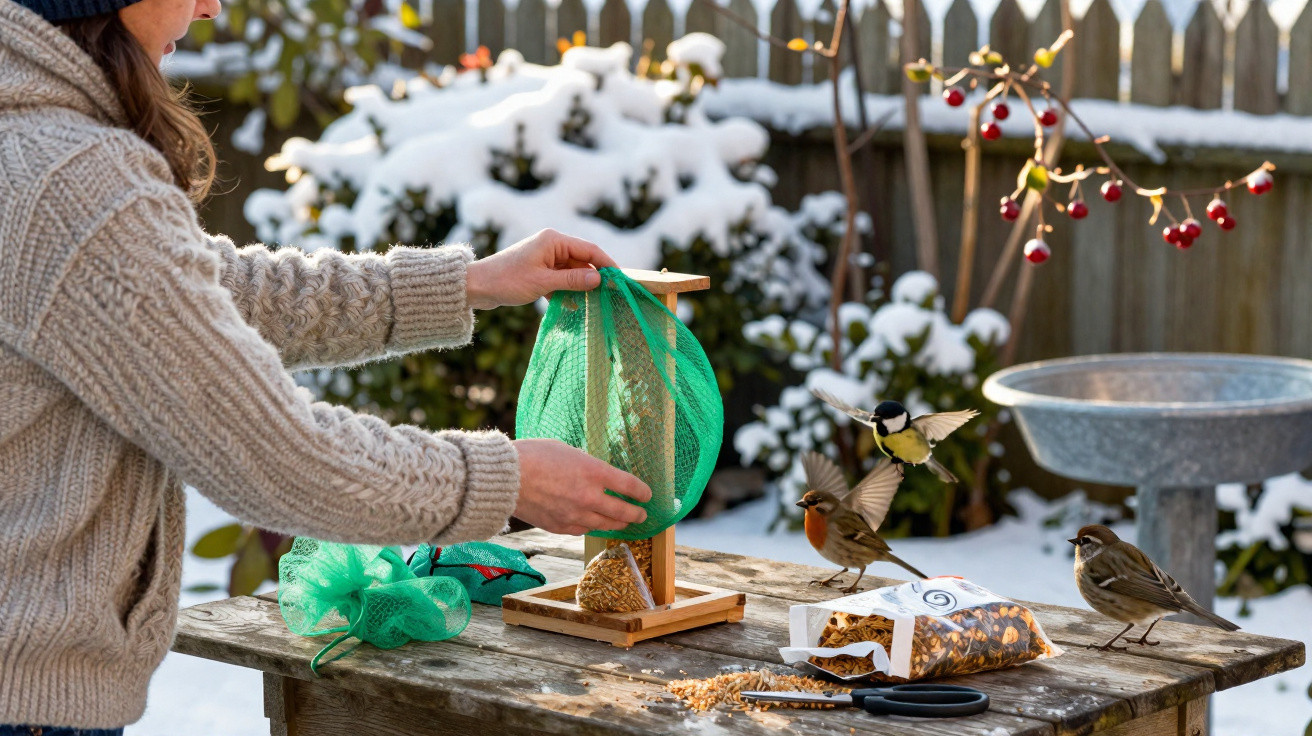 Person refilling a bird feeder on a snowy day with birds gathering nearby on a wooden table.