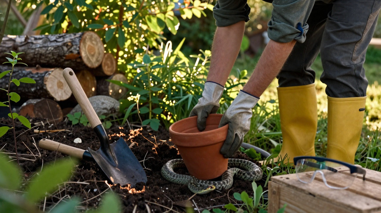 Person in yellow boots holding a flowerpot near a snake coiled on soil beside gardening tools.
