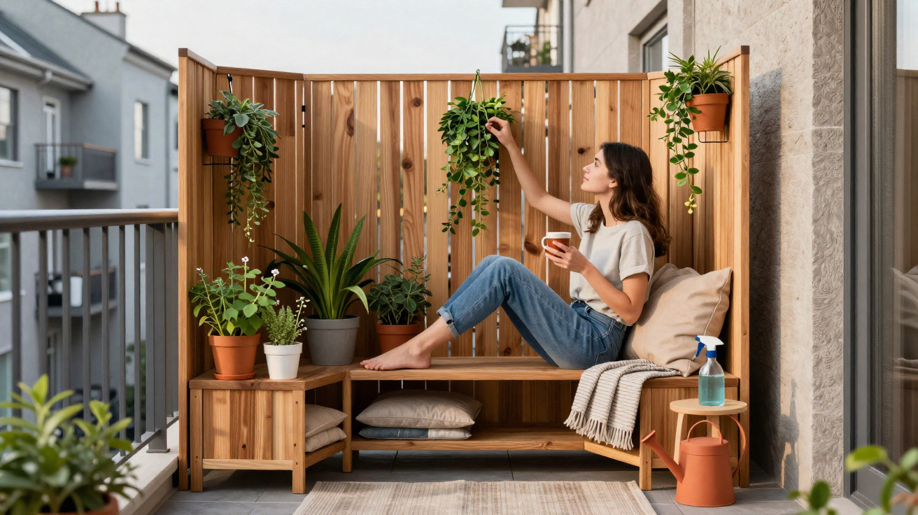 Woman sitting barefoot on balcony wooden bench surrounded by potted plants drinking coffee and touching hanging foliage.