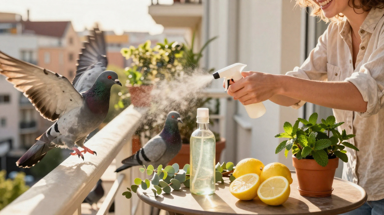 Person spraying water from a bottle at pigeons on a sunny balcony with plants and lemons.