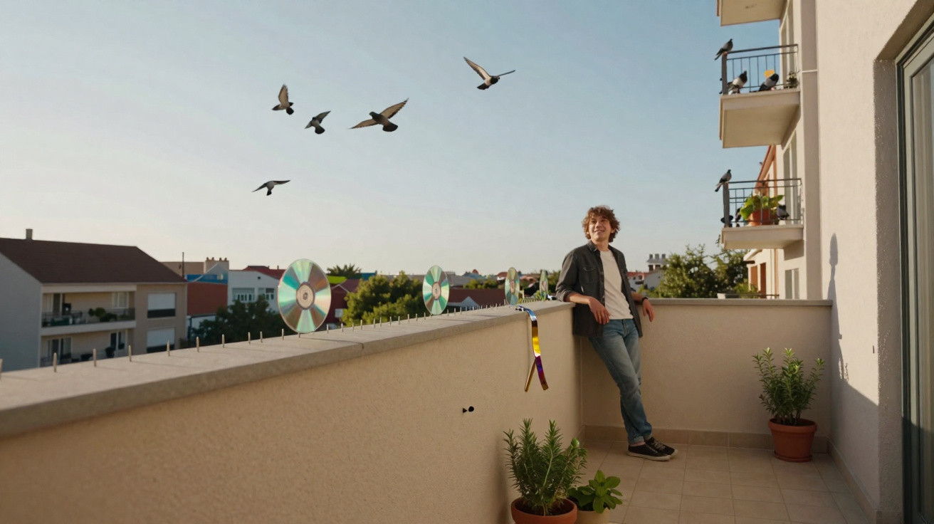 Young man leaning on balcony railing with birds flying over residential area in daylight