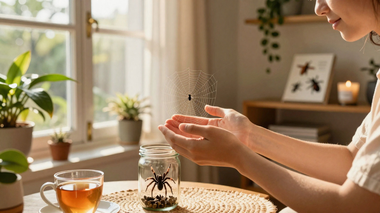 Person gently holding a spider web above a jar with a large spider on a table by a sunlit window.