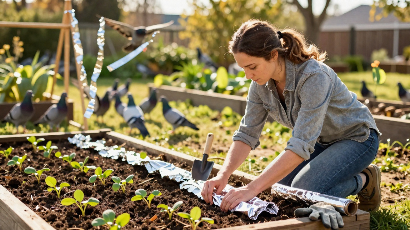Woman kneeling in a garden bed, covering soil with reflective foil to protect young plants from pigeons.