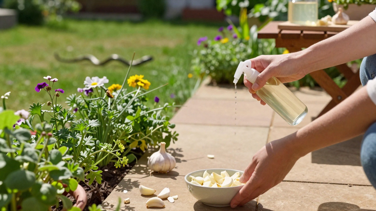 Hands spraying liquid over garlic cloves in a bowl by a garden with flowers on a sunny patio.