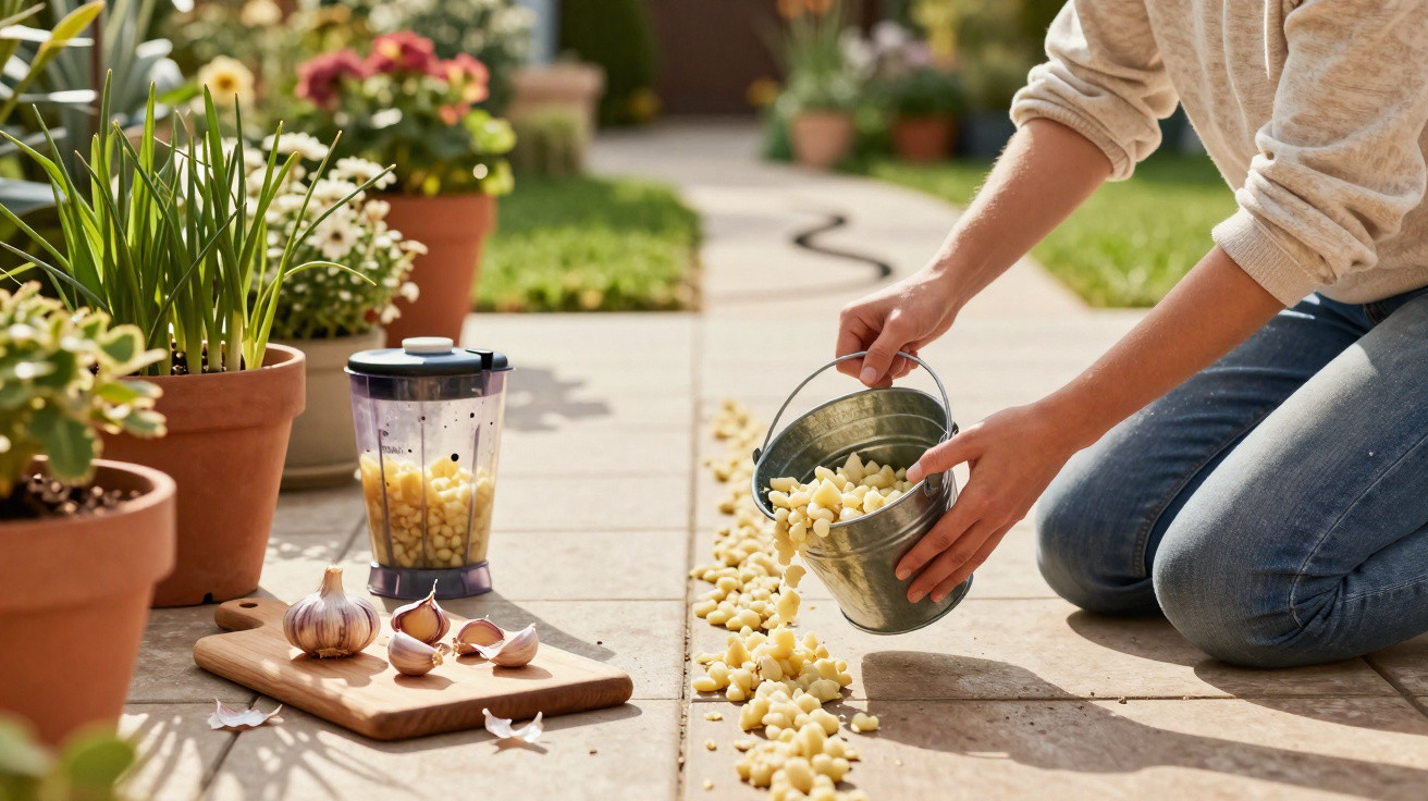 Person kneeling on a garden path pouring peeled garlic cloves from a small metal bucket onto the ground.