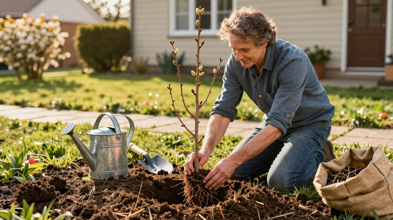 Man planting a young tree in a garden with a watering can and spade nearby on a sunny day.