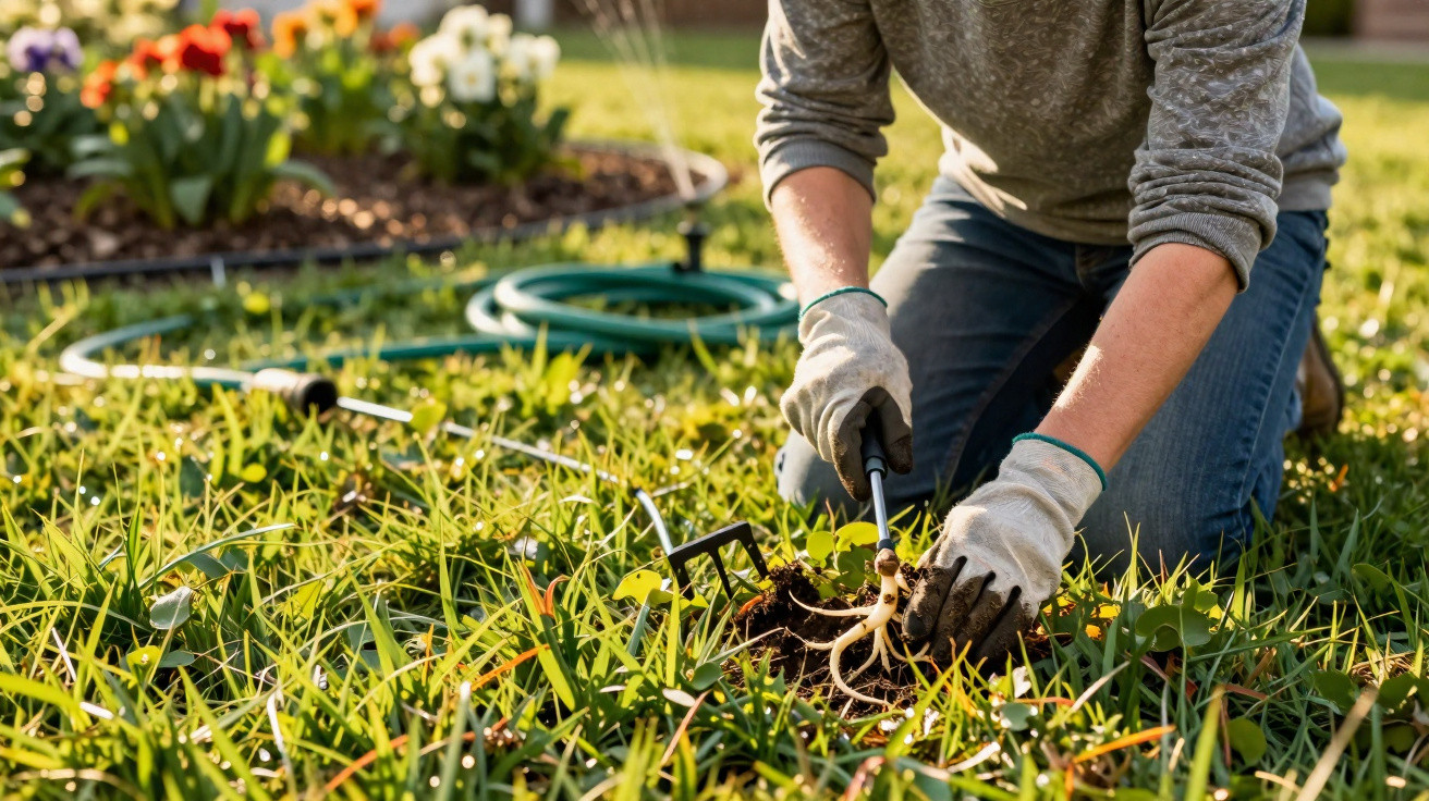 Person wearing gloves kneeling in grass while gardening with tools near flowers and a garden hose.