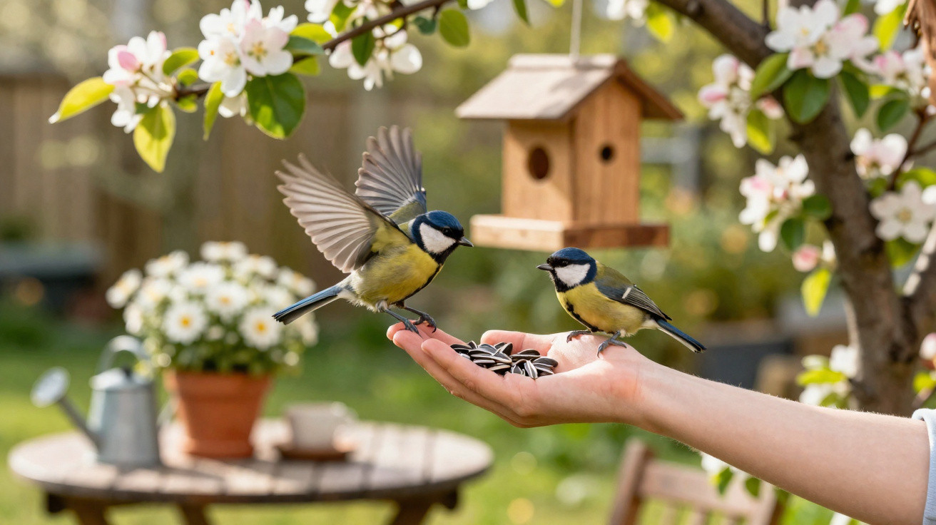 Two blue tits eating sunflower seeds from a person's hand in a blossoming garden with a birdhouse and table in the background