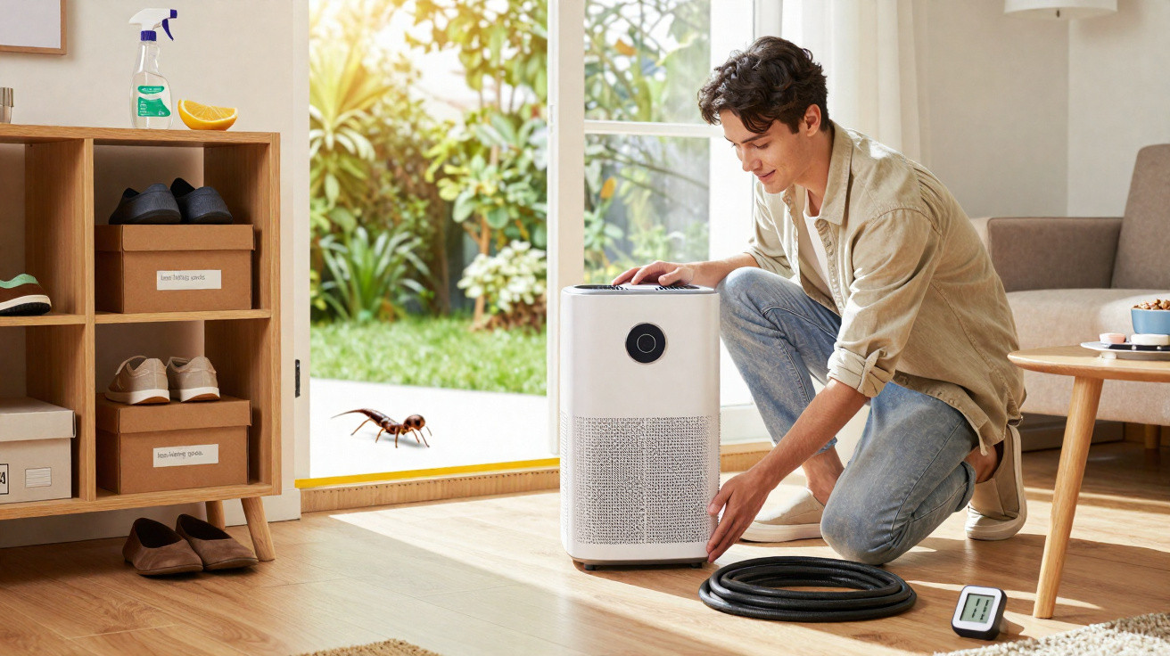 Man kneeling indoors setting up a white air purifier near an open door with a large ant outside.