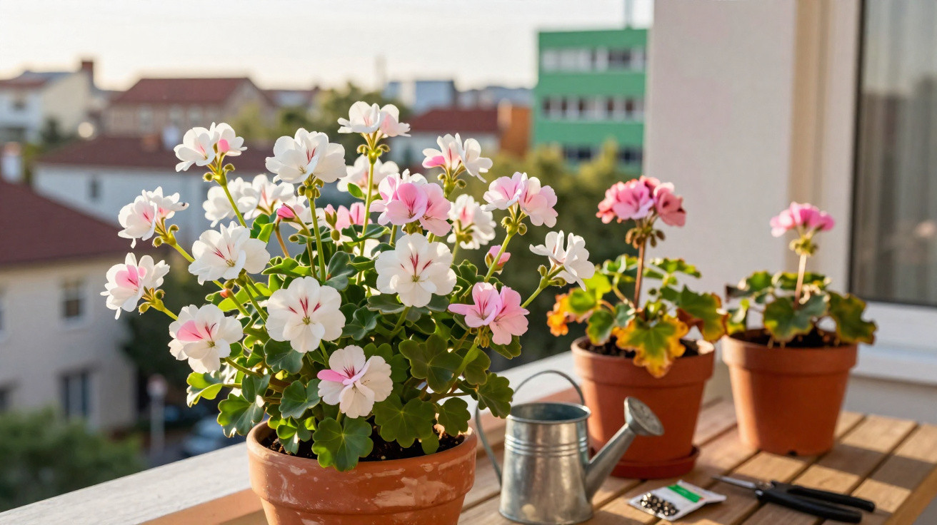 Terracotta pots with blooming pink and white geraniums on a balcony railing with a watering can and garden tools nearby.