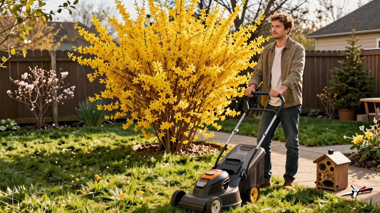 Man mowing lawn in garden with blooming yellow bush and birdhouse on sunny day.