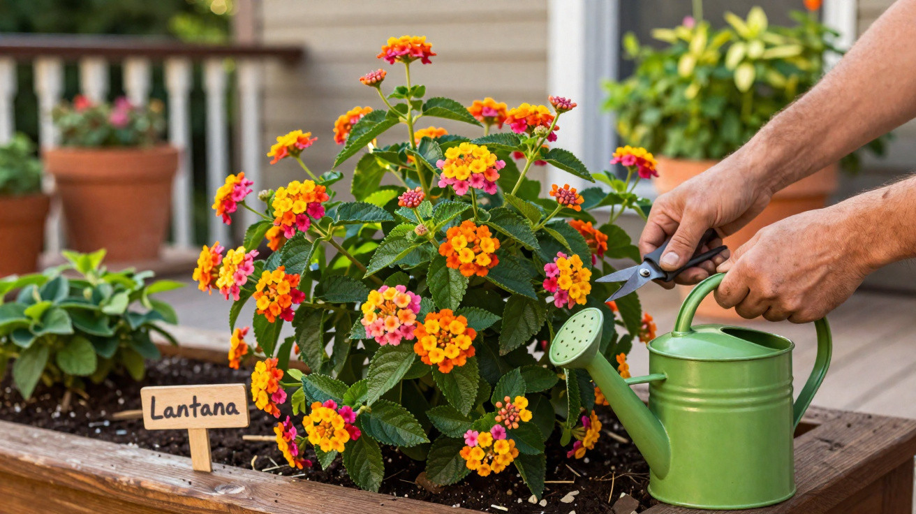Hands pruning a colourful lantana plant in a garden bed with a green watering can nearby.