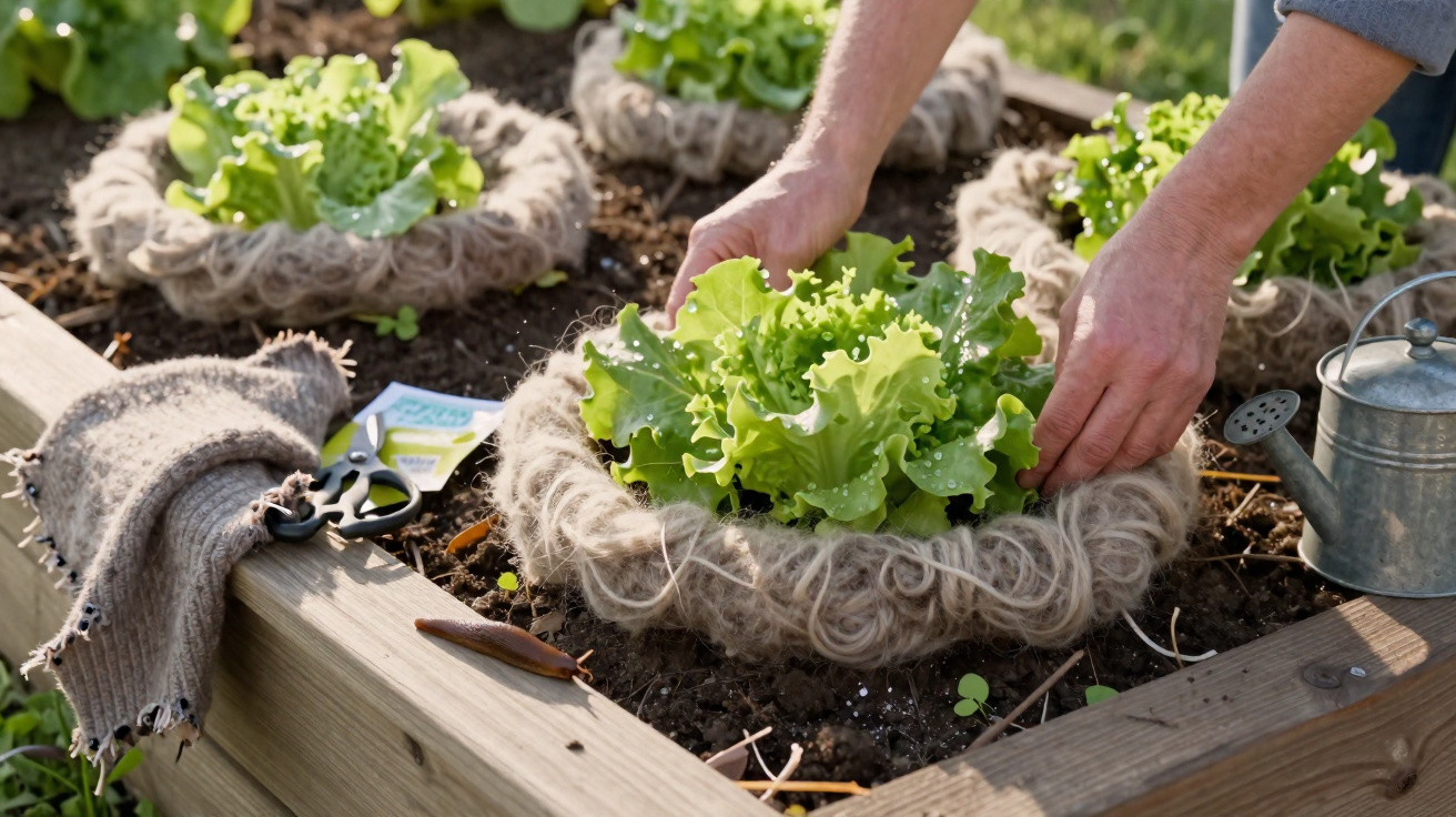 Hands tending to green lettuce plants in a raised garden bed with wool plant cosy and watering can nearby