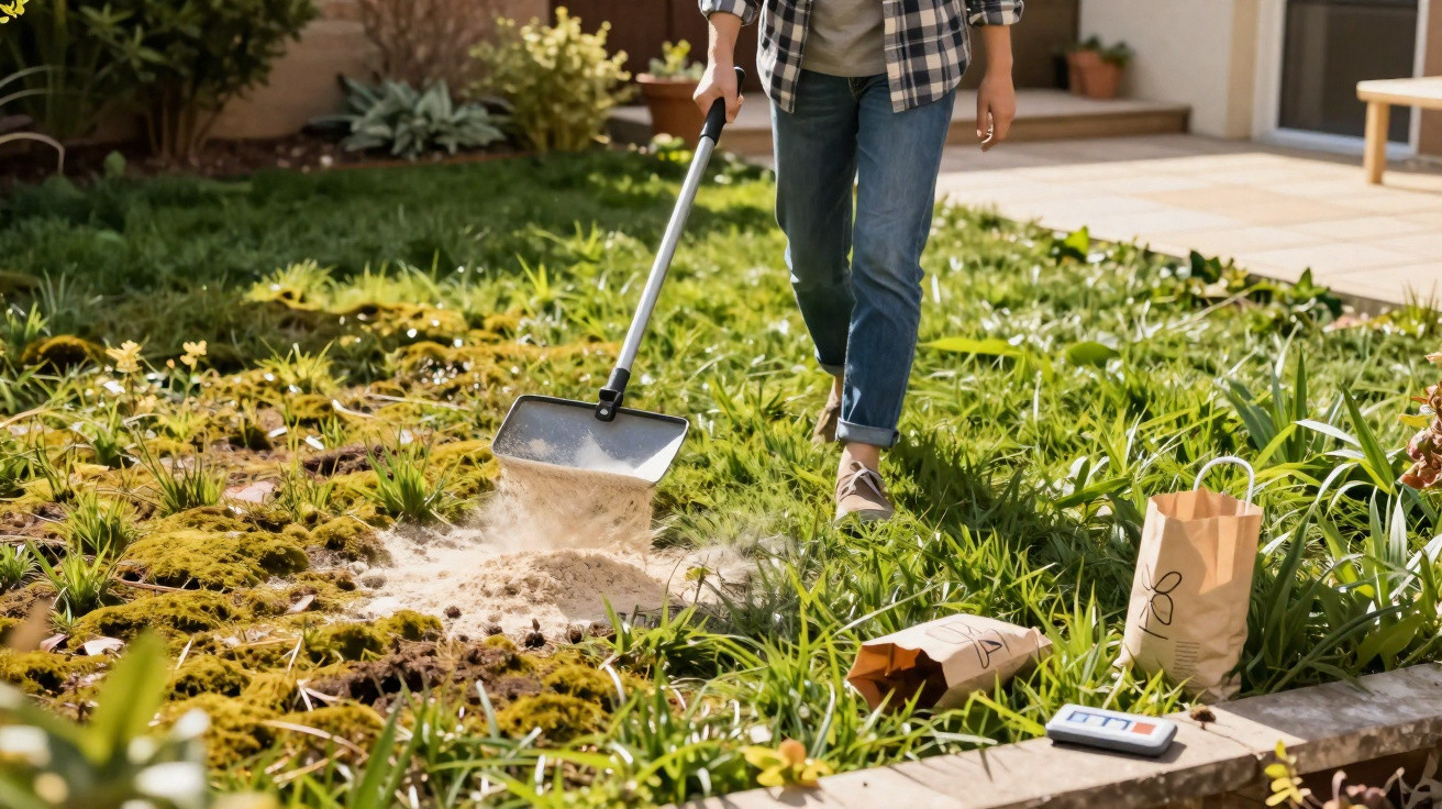 Person spreading soil or sand in a garden patch with a shovel, surrounded by green plants and gardening bags.