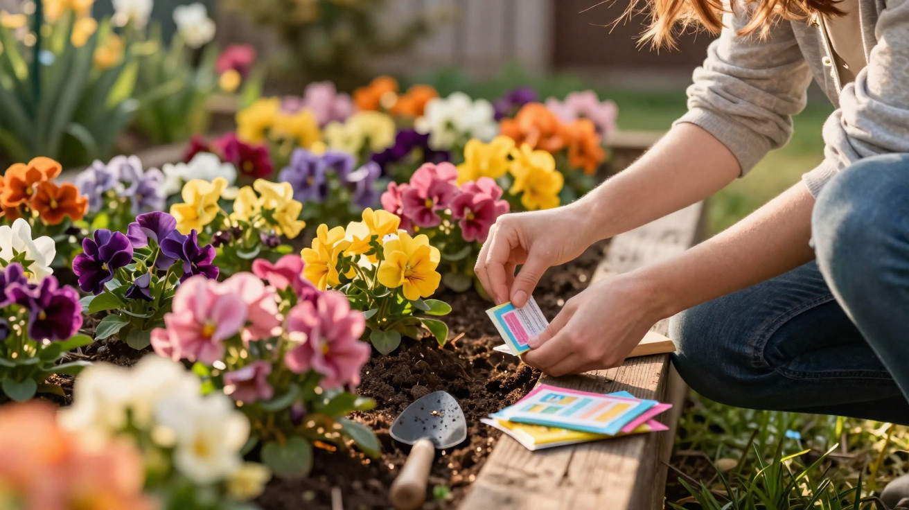 Person planting colourful pansy flowers in a garden bed using seed packets and a small gardening trowel.