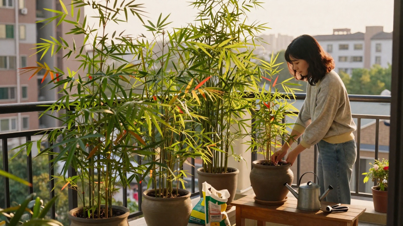 Woman tending potted bamboo plants on a balcony with gardening tools and city buildings in the background.