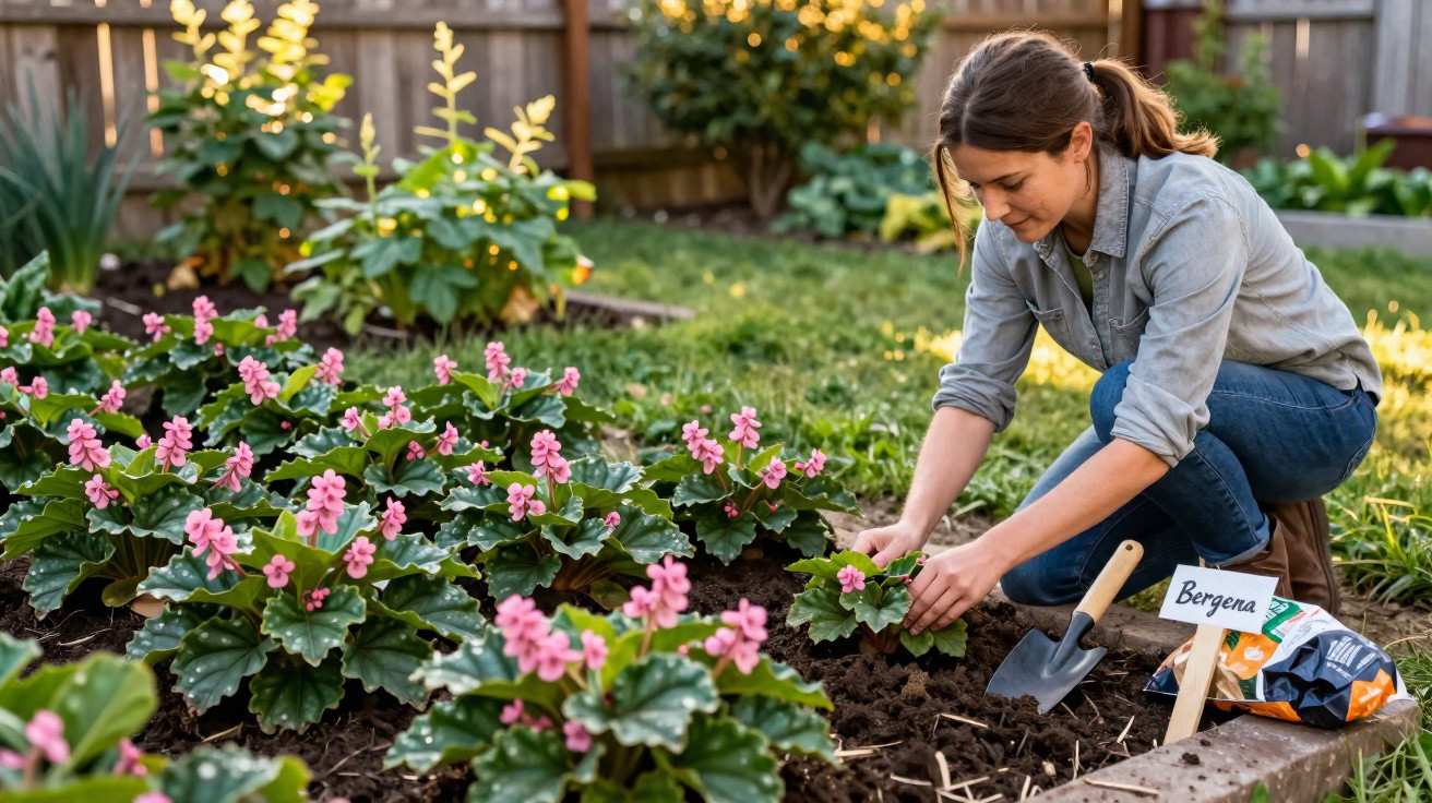 Woman gardening pink Begonia flowers in a sunny backyard with a small shovel and seed packet nearby.