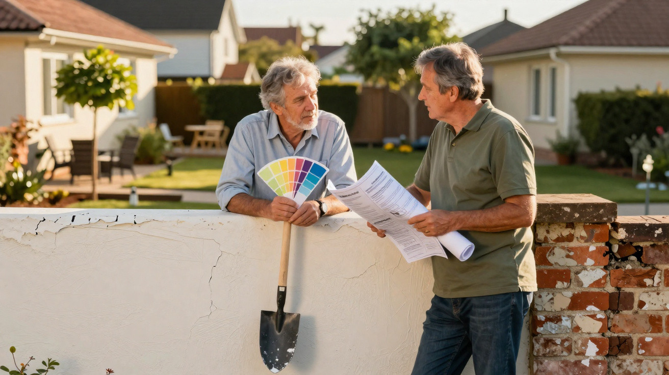 Two elderly men discuss paint colours and plans by a garden wall in a sunny residential street.