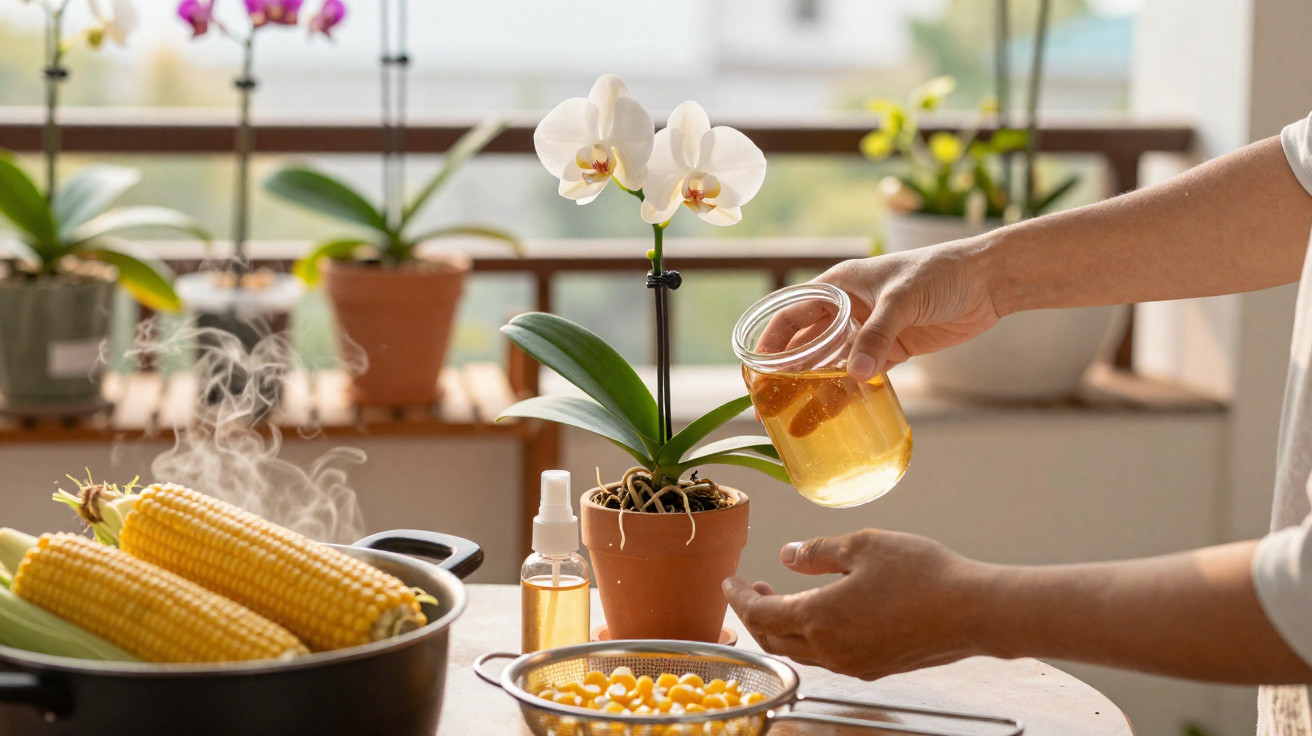 Person watering a white orchid with a jar of water on a table next to steaming corn and corn kernels.