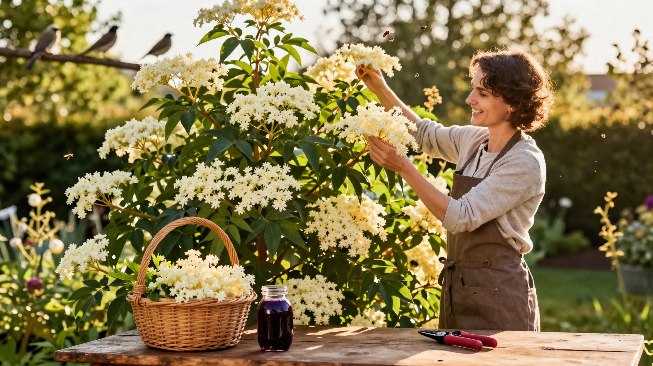Woman picking white elderflowers in a garden with a basket and jar on a wooden table nearby.