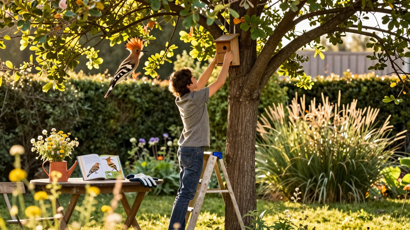 Child on a ladder hanging a birdhouse on a tree in a sunny garden with a bird, flowers, and gardening tools nearby.