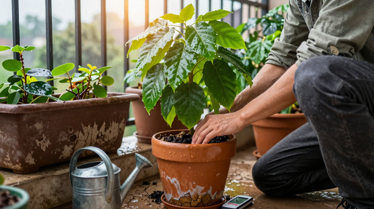 Person tending to a potted plant on a balcony with other plants and a watering can nearby.