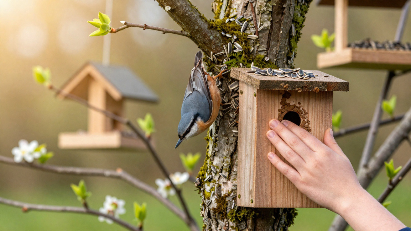 A nuthatch clings to a tree near a wooden birdhouse held by a child's hand with sunflower seeds on top.