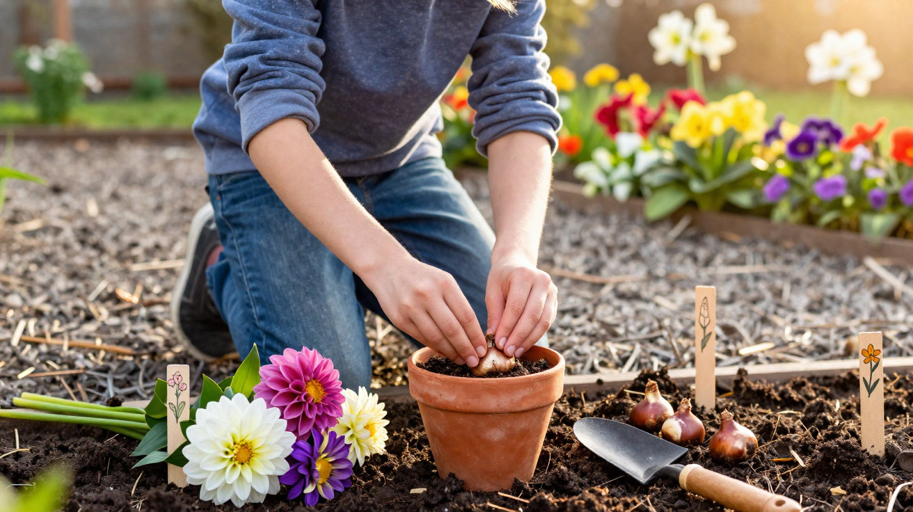 Person planting flower bulbs in a terracotta pot with garden flowers and a trowel nearby in a sunny garden.