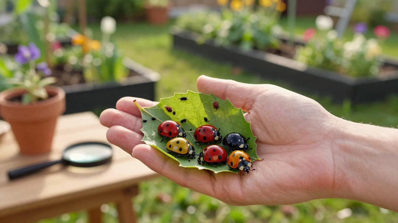 Hand holding a green leaf with various coloured ladybirds and small ants in a garden setting.