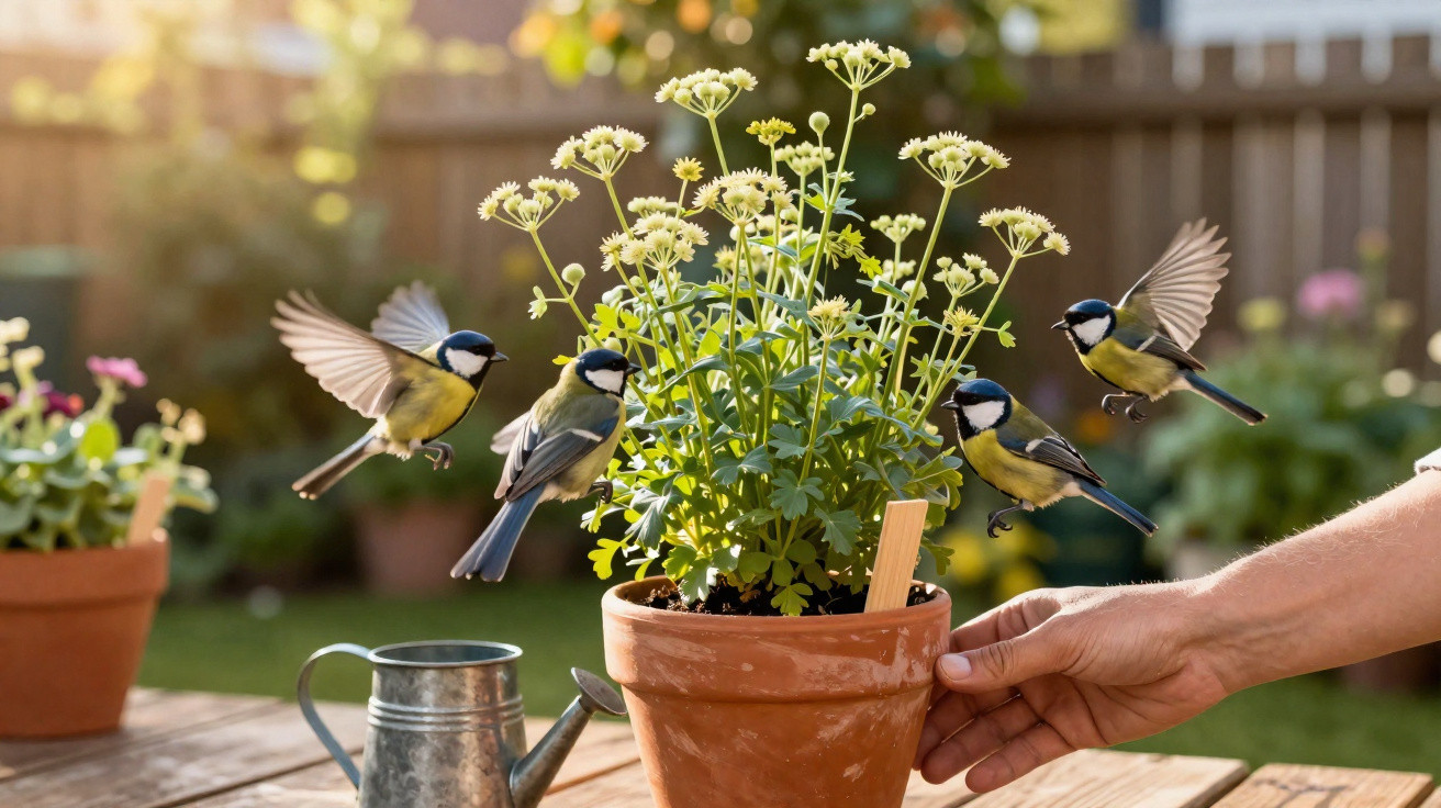 Four great tits flying around a potted flowering plant on a wooden table with a hand and watering can nearby.