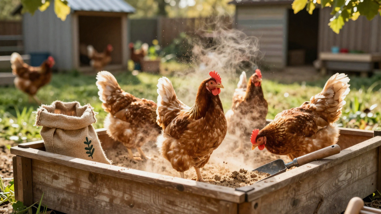 Brown chickens dust bathing in a wooden sandbox with a sack and gardening shovel nearby on a sunny day.