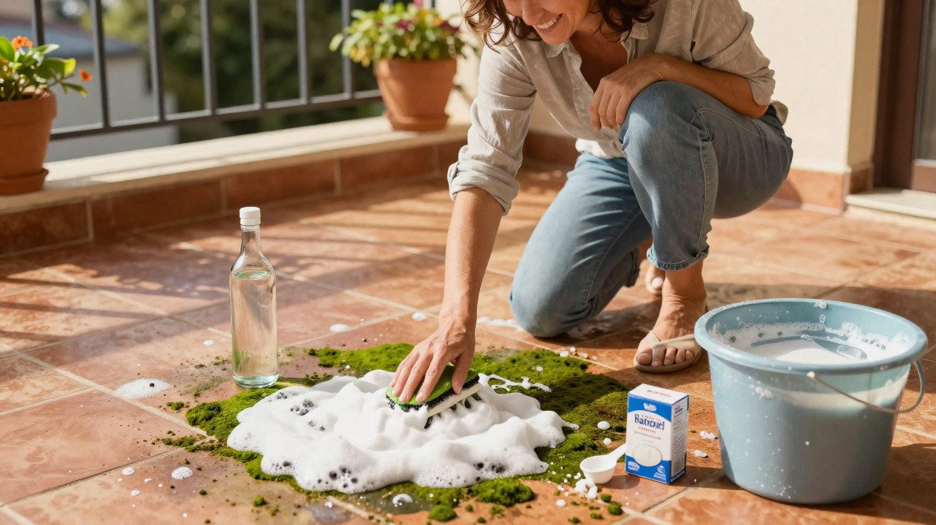Woman scrubbing green moss off tiled floor with soap, brush, and bucket on sunny balcony.