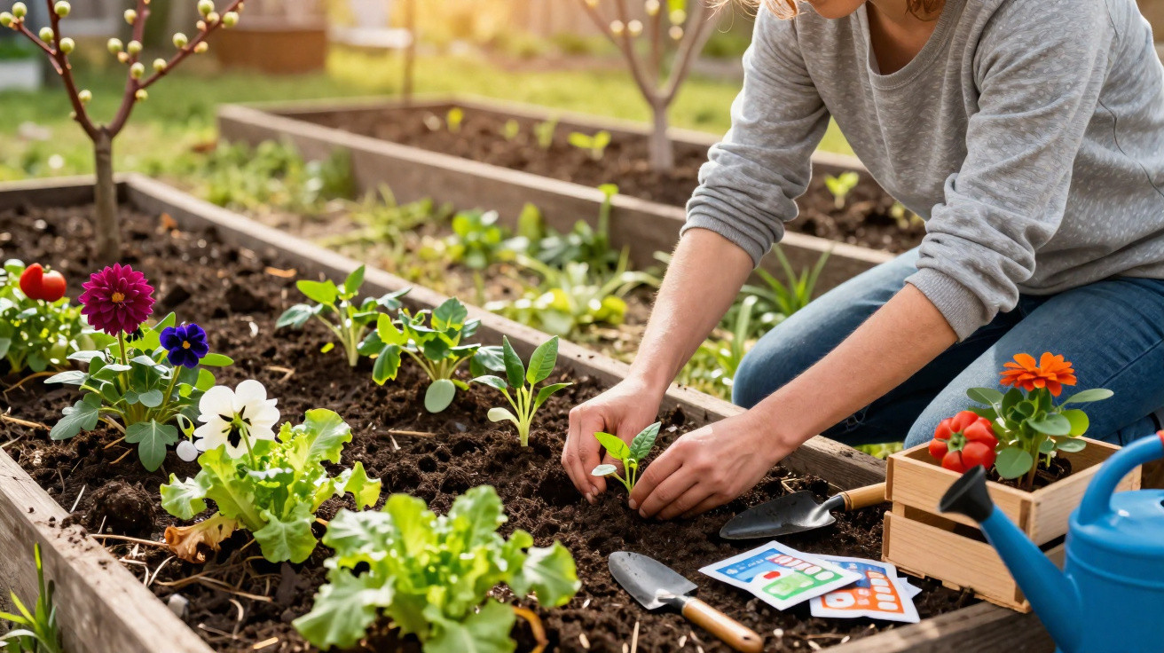 Person planting a seedling in a raised garden bed with flowers, gardening tools, and seed packets nearby.