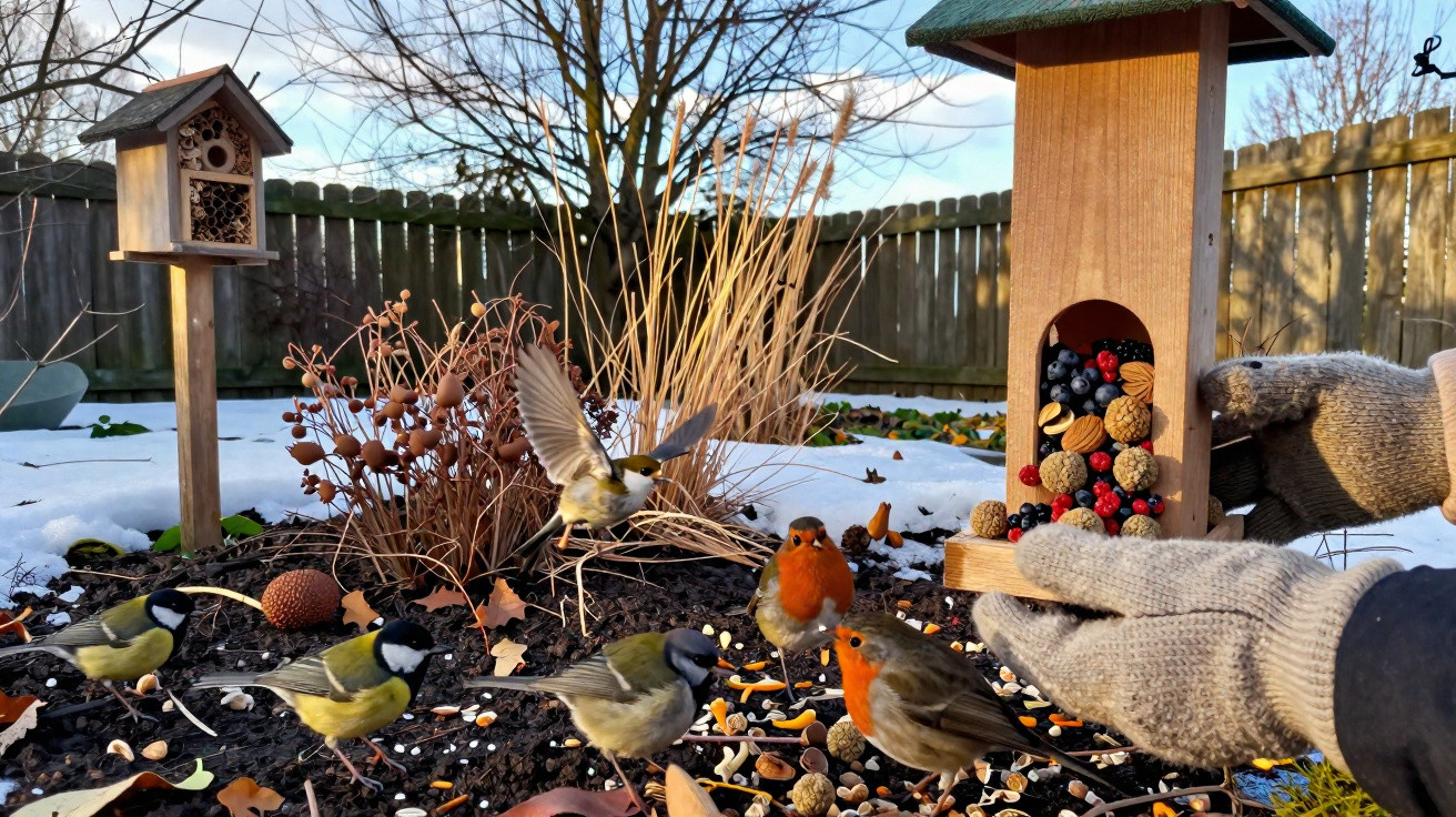 Gloved hands holding a wooden bird feeder filled with nuts and berries, surrounded by small birds on snowy ground.