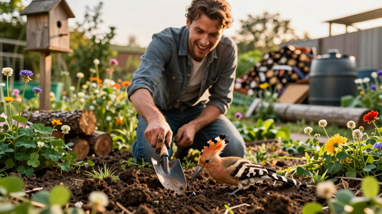 Man gardening with trowel while a hoopoe bird searches soil among colourful flowers in the garden.