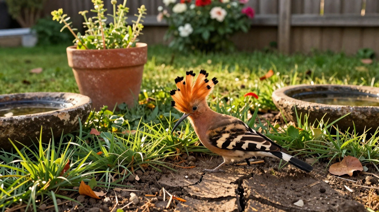Hoopoe bird with striking orange and black crest standing on cracked soil in garden with plants and bird baths.