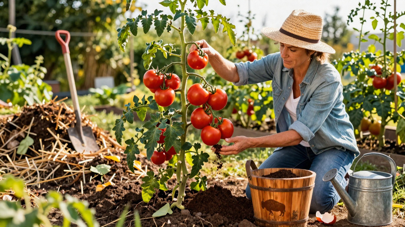 Woman wearing a hat tending to ripe tomatoes growing in a garden with watering can and wooden bucket nearby.
